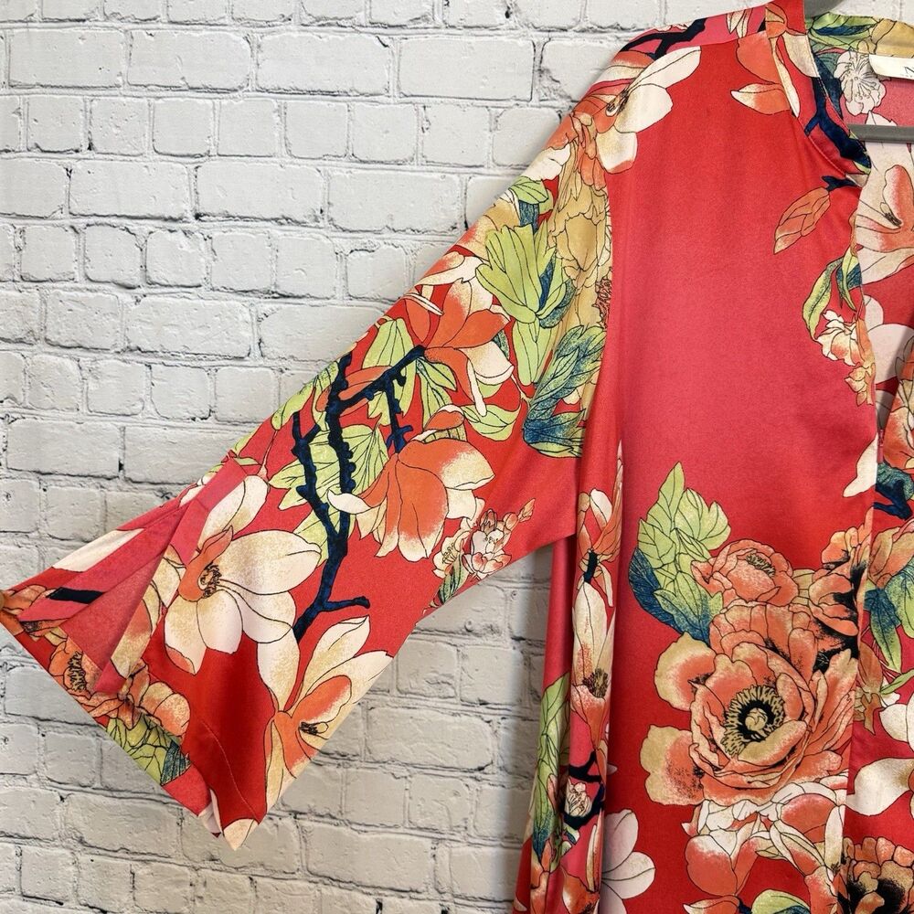 Natori Enchanted Lotus Satin Zip Caftan Women Plus 2X Boho Resort Art To Wear - Picture 8 of 16